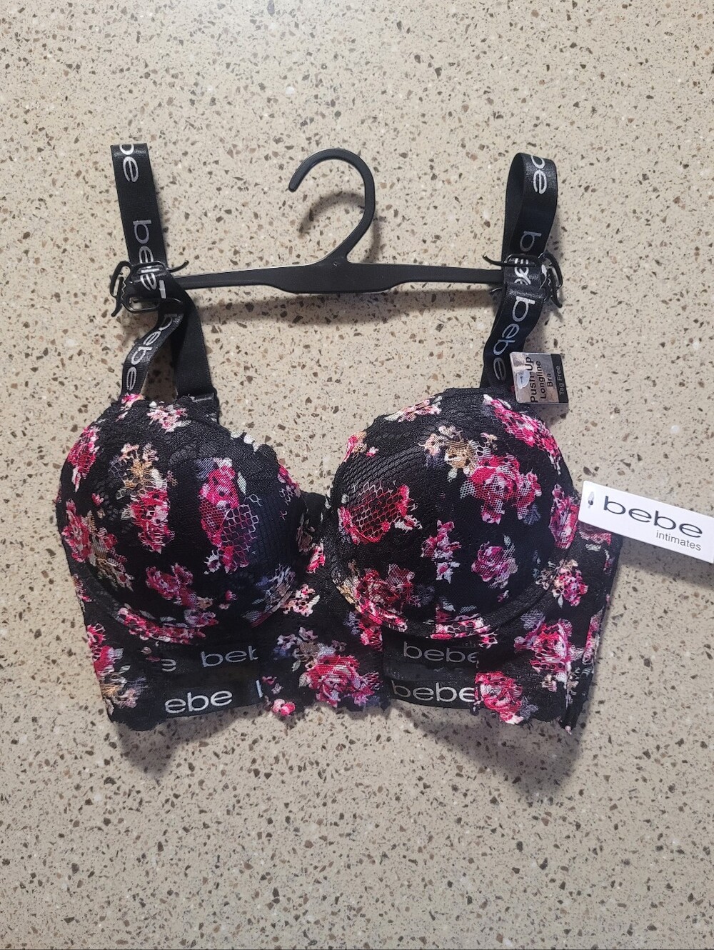 Bebe Womens 34B Push Up Longline Bra Floral & Black Logo Straps Underwire Bra